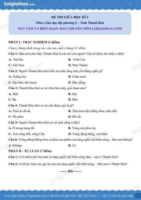 Đề thi giữa kì 2 GDĐP 6 Thanh Hoá - loigiaihay.com